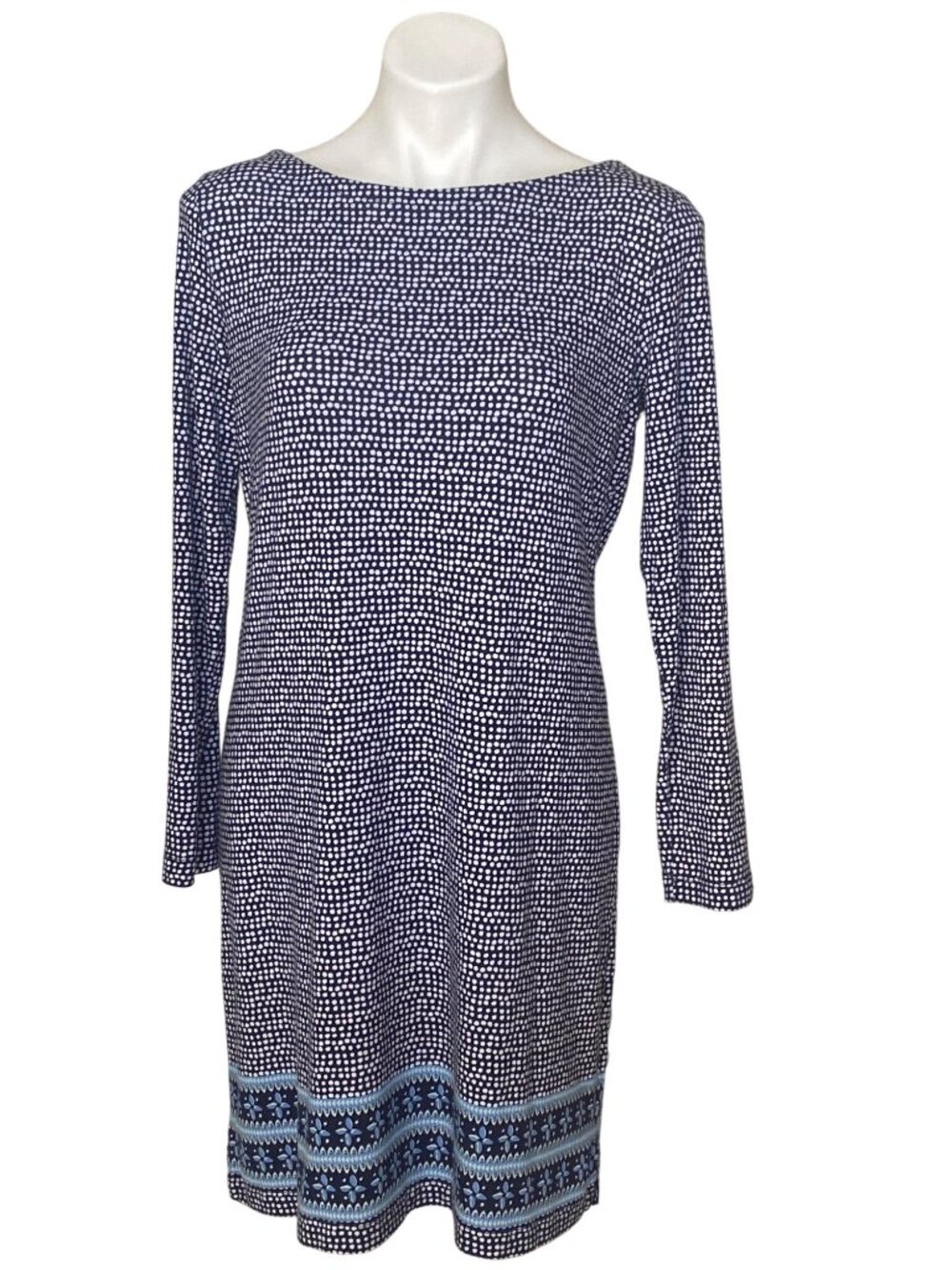 Vineyard Vines Women's Deep Bay Dot Border Shift Dress, Long Sleeves Size M